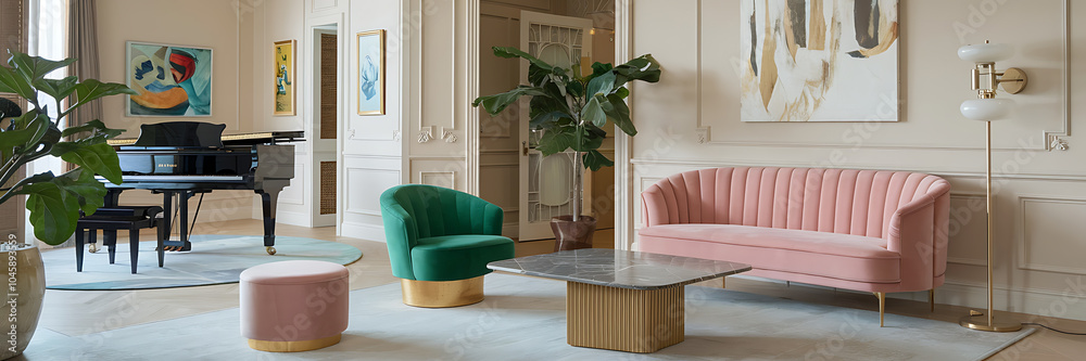 Pink and green living room interior design with gold accents elegant ...