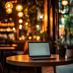 Poster - A laptop rests on a wooden table in a cozy café, illuminated by warm lights and greenery, creating a serene evening atmosphere. Generative AI
