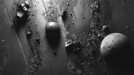 A black and white image of two planets in space, surrounded by dust and debris. The image is shot from a low angle, giving the viewer a sense of scale and perspective.