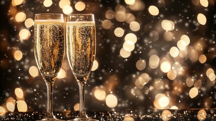 Aufkleber - Two champagne flutes filled with sparkling wine are set against a background of soft, out-of-focus lights. The lights create a celebratory atmosphere.