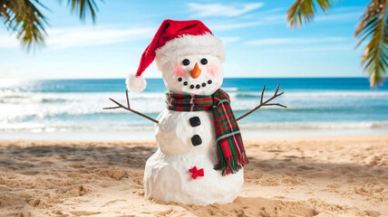 Sunny Holiday Fun Santa Claus and Sandy Snowman Celebrating Christmas on a Florida Beach