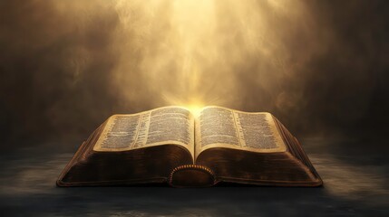 Wall Mural - open ancient book with golden light emanating from its pages against a smoky background.
