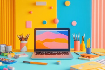 Poster - A lively workspace showcases a laptop surrounded by colorful stationery, creating an inspiring atmosphere for creativity. Generative AI