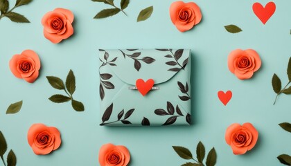 Poster - A decorative envelope surrounded by roses and hearts on a pastel background.