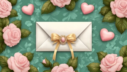 Poster - A decorative envelope surrounded by roses and hearts, symbolizing love.