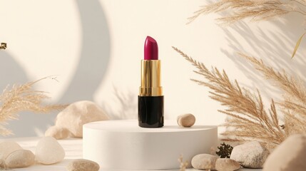 Aufkleber - A pink lipstick with a gold casing sits on a white platform. Pampas grass and round stones are around the platform.