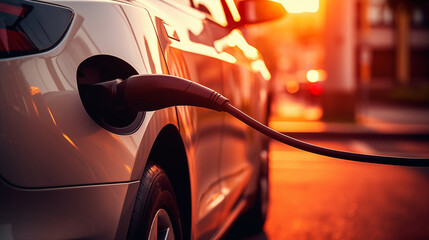 Electric Car Charging on City Street at Sunset - Close-Up Perspective