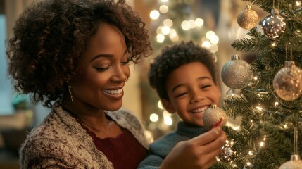 Wall Mural - A mother and son are decorating a Christmas tree with ornaments. The son is holding a silver ornament in his hand, and the mother is smiling at him.