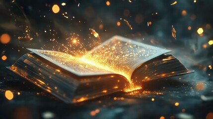 Wall Mural - an open book with a bright light emanating from its pages, surrounded by sparks and smoke.