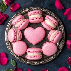 Poster - A decorative plate with pink macarons and a heart-shaped macaron.