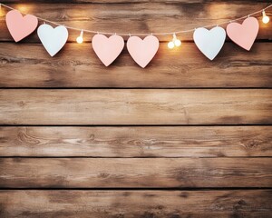 Canvas Print - A decorative string of heart-shaped ornaments with lights on a wooden background.