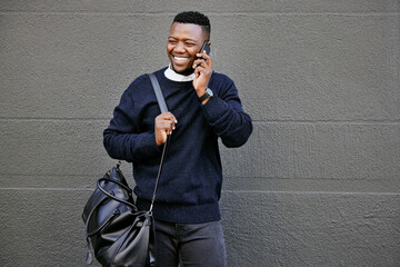 Poster - Outdoor, business and black man with smile in phone call for communication or conversation in New York. Male person, gray wall and happy with commuting for work with connection and networking
