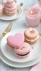 Poster - A delightful display of pink macarons and a candle on a table.