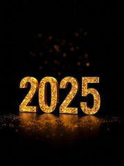 Golden glittering numbers 2025, sparkling particles, black background, celebratory, New Year's Eve, festive atmosphere, shimmering lights, bokeh effect, elegant typography, 3D text, reflective surface