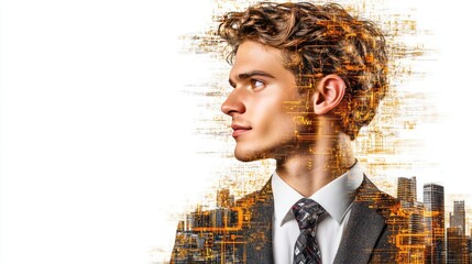 Poster - Double exposure of a young entrepreneur with the city skyline, representing new-age business ventures and tech solutions.