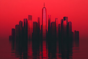 Canvas Print - A dramatic skyline silhouette against a red backdrop, reflecting in water.