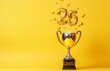 © Working Moments - Golden Balloons Number 25 Falling into Trophy, Yellow Background, Celebration, Anniversary, Party, 25th Anniversary, Golden Trophy