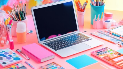 Poster - A colorful desk setup showcases a laptop alongside various art materials and stationery, inviting inspiration for creative projects. Generative AI