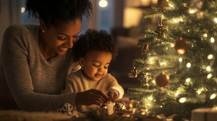 Wall Mural - A mother and her young child share a joyful moment while decorating a Christmas tree in a warm living room.