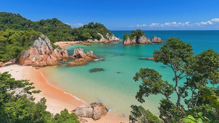 Wall Mural - Island coastline with dramatic rock formations, azure sea, and a clear horizon stretching under a cloudless sky.