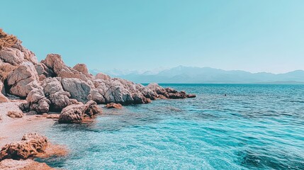 Wall Mural - Island coastline with dramatic rock formations, azure sea, and a clear horizon stretching under a cloudless sky.