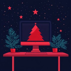 Canvas Print - A festive computer setup featuring a Christmas tree on the screen.