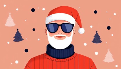 A festive illustration of a cheerful Santa Claus wearing sunglasses.