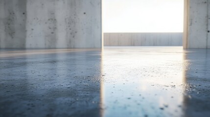  smooth wet cement surface, reflecting light in a construction setting