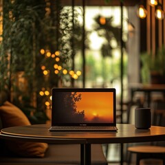 Poster - A laptop showcases a stunning sunset as a warm drink rests beside it in a cozy café filled with soft lighting and greenery. Generative AI