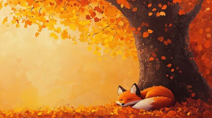 Wall Mural - a fox in autumn hibernation beneath foliage, against a sky's golden backdrop