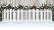 © lililia - A snowy scene showcases a white picket fence decorated with evergreen wreaths and red bows, evoking the spirit of Christmas.