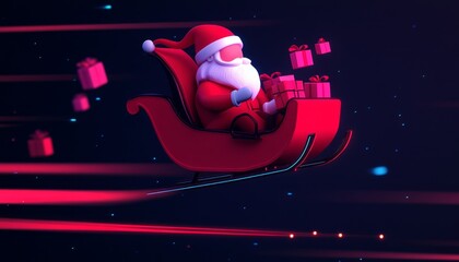 Poster - A festive Santa Claus in a sleigh delivering gifts through a starry background.