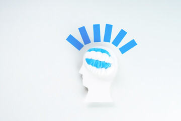 Silhouette of a human head with blue brain on a white background. Seasonal affective disorder, bipolar disorder or anxiety disorder. Mental health problems. The concept Blue Monday. top view