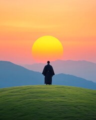 Poster - A figure in traditional attire stands on a hill at sunset, contemplating nature.