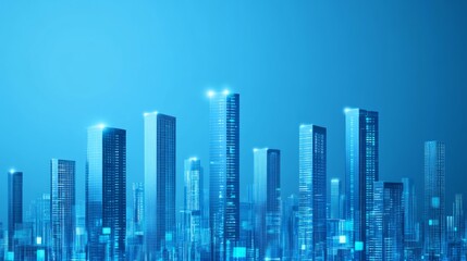 Canvas Print - A futuristic city skyline illuminated in blue tones.