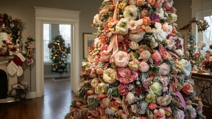 Poster - The room features a striking floral Christmas tree adorned with vibrant flowers and natural elements, creating a festive atmosphere. Soft lighting enhances the warmth of the holiday spirit.
