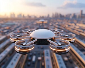 A futuristic drone hovering over an urban landscape with warehouses.