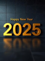 New Year 2025, glowing golden 3D numbers, dark background, reflective surface, celebratory text, minimalist design, dramatic lighting, futuristic typography, sleek aesthetic, high contrast, digital re