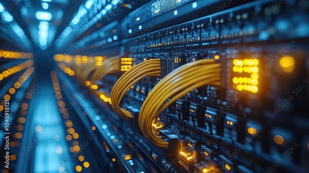 Modern data center with yellow cables connected to patch panel, close ...