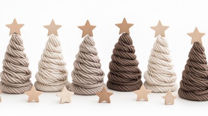 Poster - A collection of knitted Christmas trees in soft beige hues, adorned with stars, showcased softly in natural light to enhance their textures