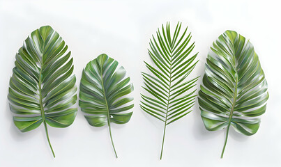 Four green tropical leaves arranged in a row on a white background.