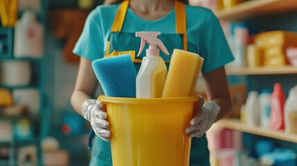 A cleaning professional stands ready with a plastic bucket filled with sponges and sprays, preparing to clean a home interior. Generative AI