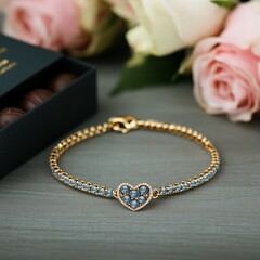 Poster - A gold bracelet with heart-shaped design and blue stones, beside chocolates and roses.