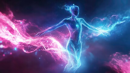 Fototapete - A glowing ethereal figure with flowing neon energy emanating from the body.