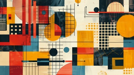 Poster - A dynamic geometric vector background, featuring Scandinavian colors with a mix of circles and squares in an abstract layout