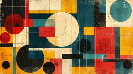 Poster - A dynamic geometric vector background, featuring Scandinavian colors with a mix of circles and squares in an abstract layout