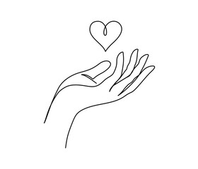 Wall Mural - One continuous line drawing of hands holding heart. Concept of love relationship and volunteer organisation symbol in simple linear style. Editable stroke. Doodle Vector illustration