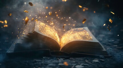 Wall Mural - an open book with a glowing magical light emanating from its pages, surrounded by golden particles a
