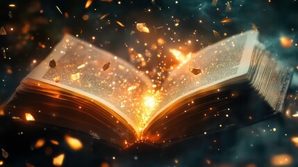 Wall Mural - an open book with glowing light emanating from its pages, surrounded by sparkling particles and smok