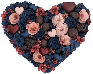 Canvas Print - A heart-shaped arrangement of various flowers in shades of blue, pink, and red.